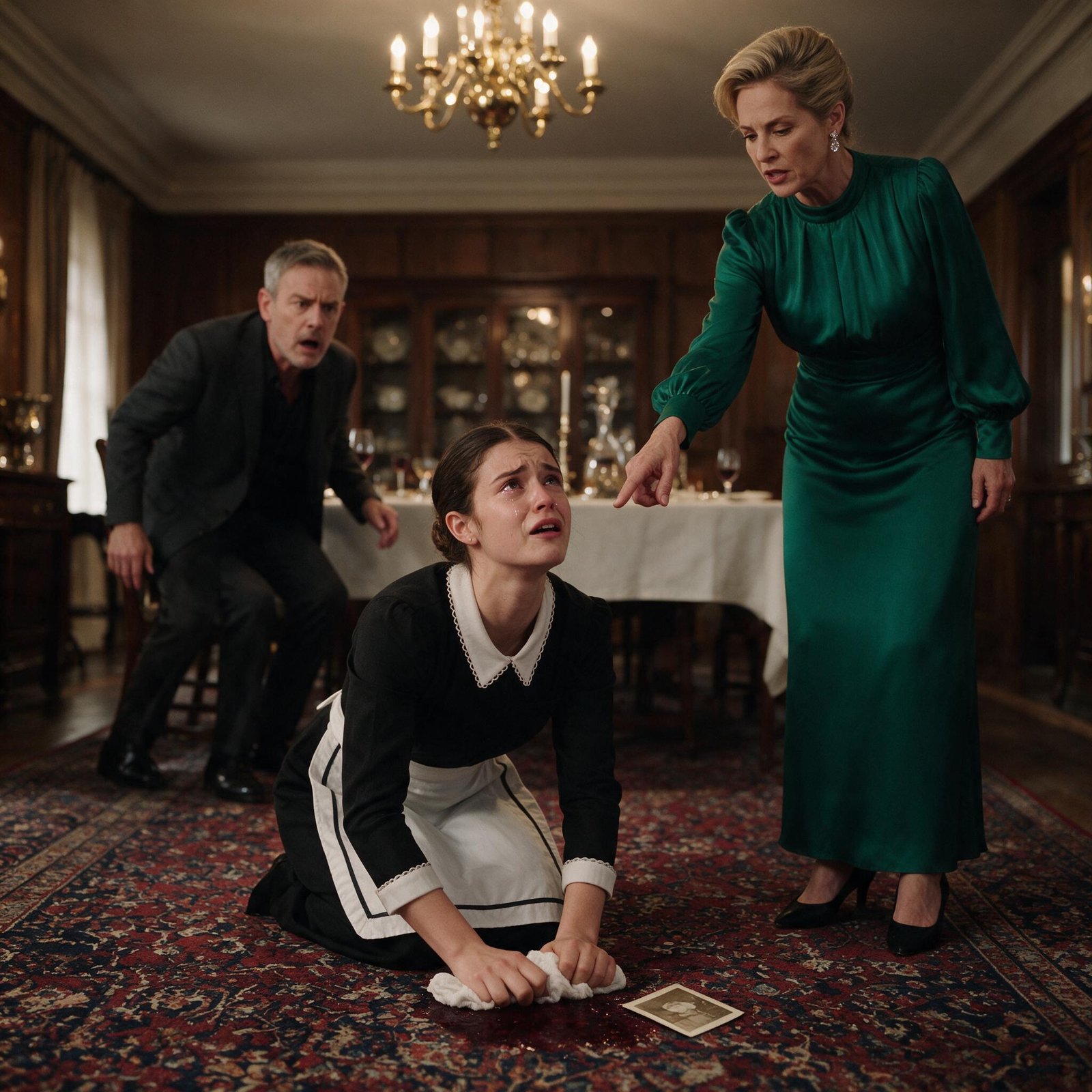 A young maid kneeling over a wine stain on a dark red rug while a man in a coat holds up a small worn photograph